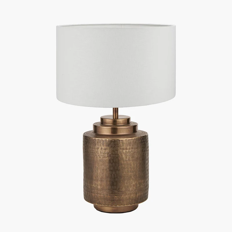 Zuri Antique Brass Metal Pot Table Lamp Base with Lino 40cm White Self Lined Linen Cylinder Lampshade
