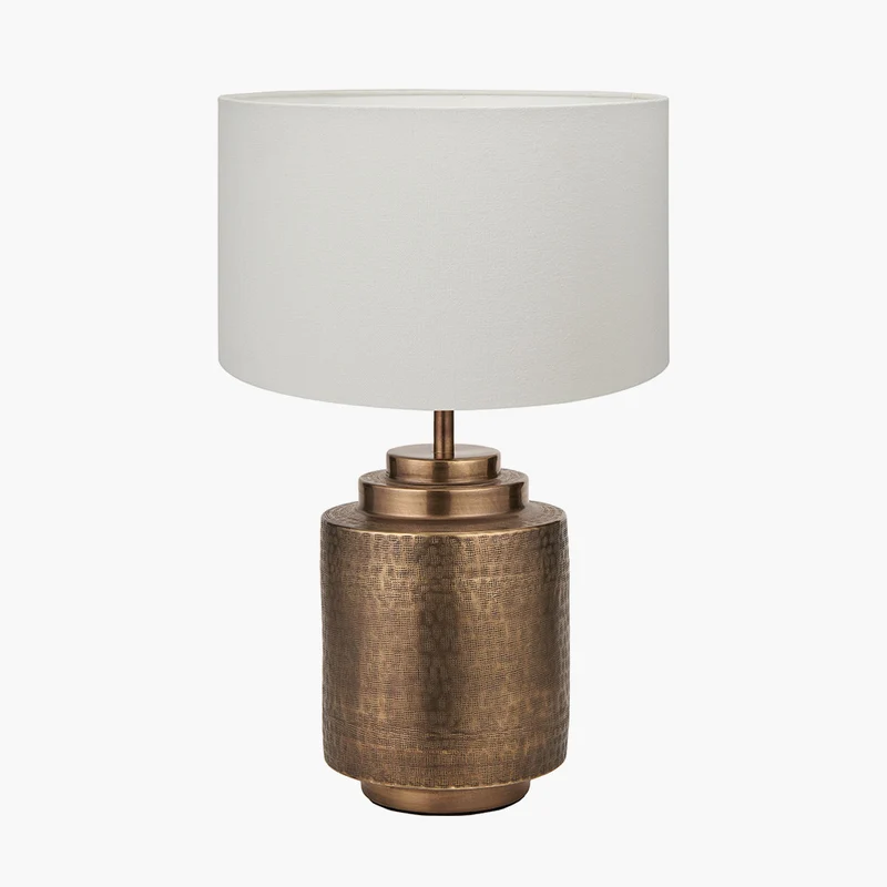 Zuri Antique Brass Metal Pot Table Lamp Base with Henry 40cm White Handloom Cylinder Lampshade