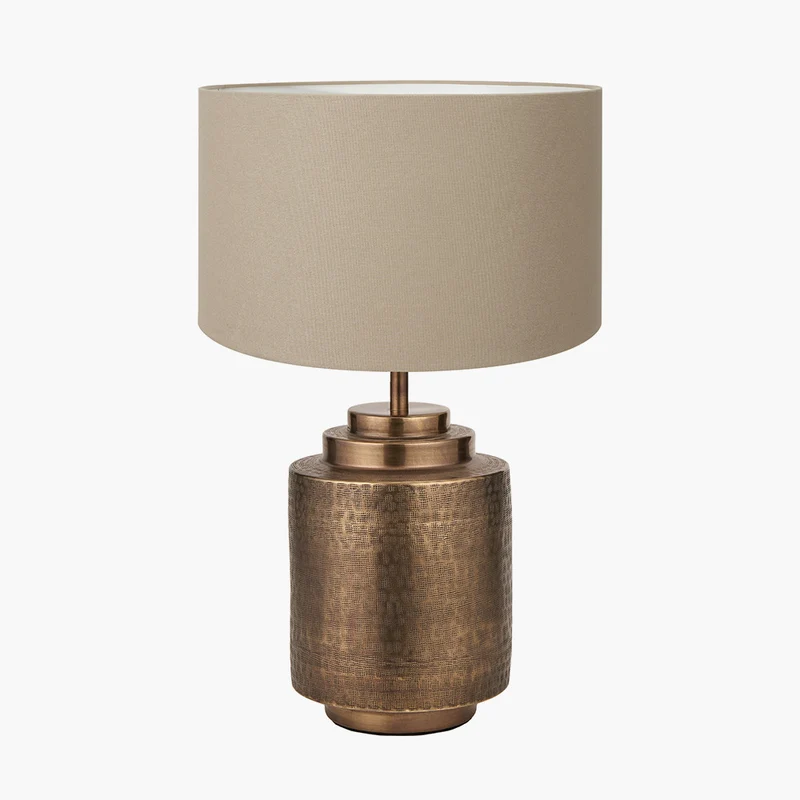 Zuri Antique Brass Metal Pot Table Lamp Base with Henry 40cm Taupe Handloom Cylinder Lampshade