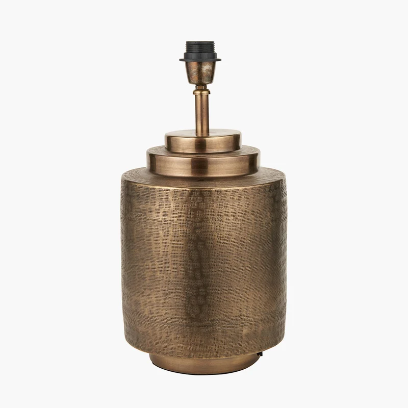 Zuri Antique Brass Metal Pot Table Lamp Base with Henry 40cm Taupe Handloom Cylinder Lampshade