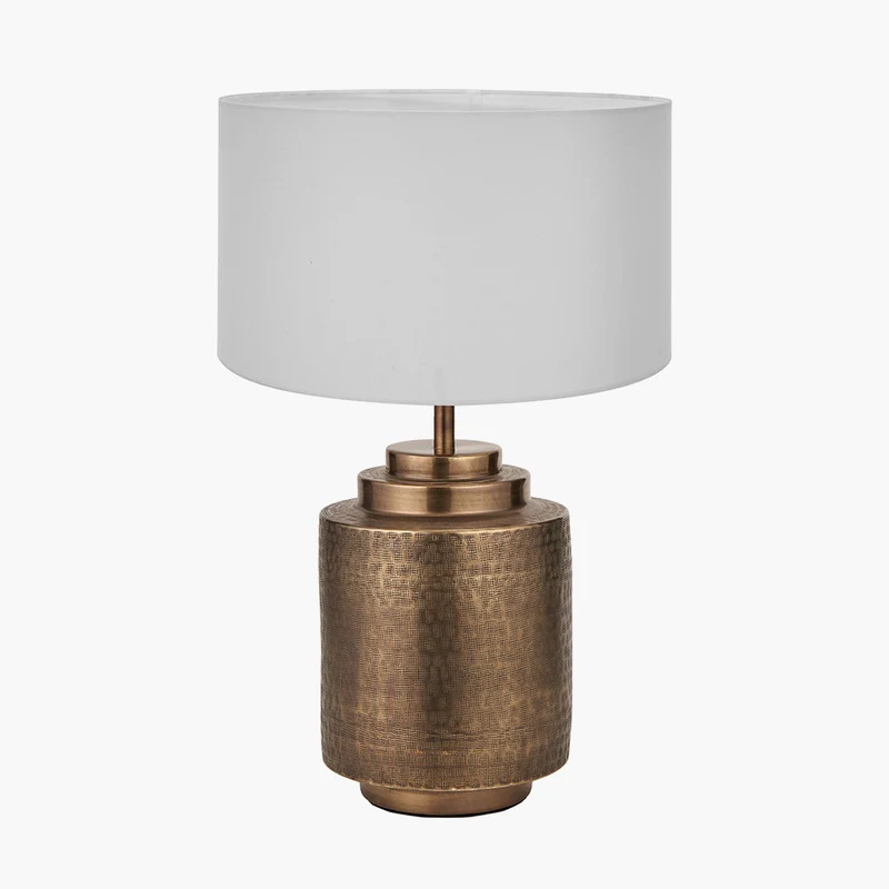 Zuri Antique Brass Metal Pot Table Lamp Base with Harry 40cm Ivory Cotton Mix Cylinder Lampshade