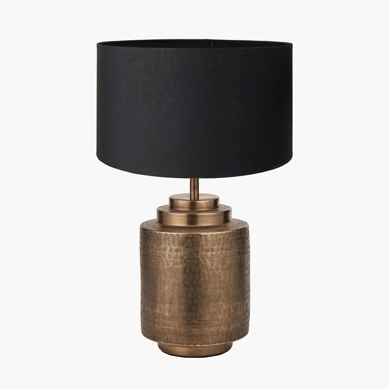 Zuri Antique Brass Metal Pot Table Lamp Base with Harry 40cm Black Cotton Mix Cylinder Lampshade