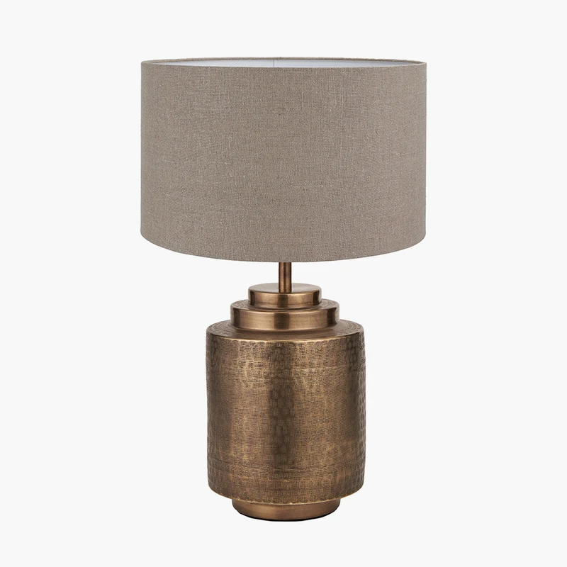 Zuri Antique Brass Metal Pot Table Lamp Base with Edward 40cm Natural Linen Cylinder Lampshade