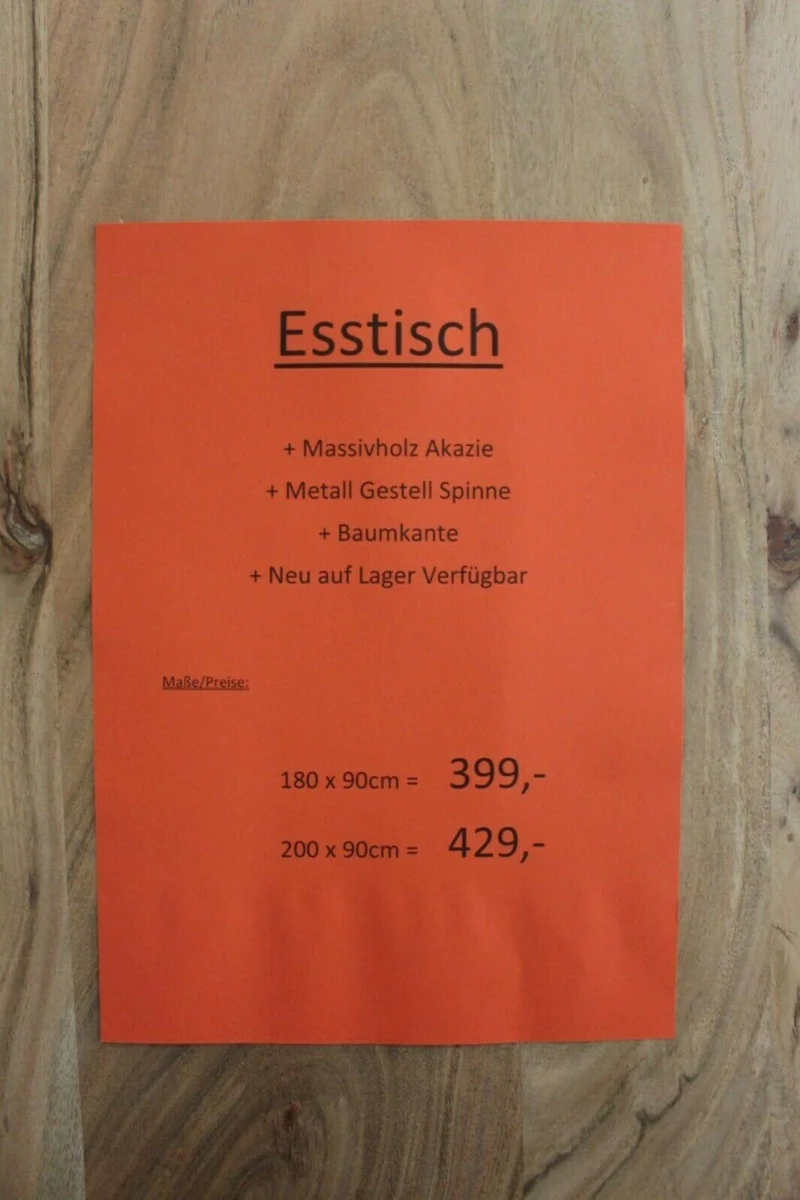 Esstisch + Massivholz Akazie + Baumkante + Spider Gestell + NEU auf Lager 180cm 200cm