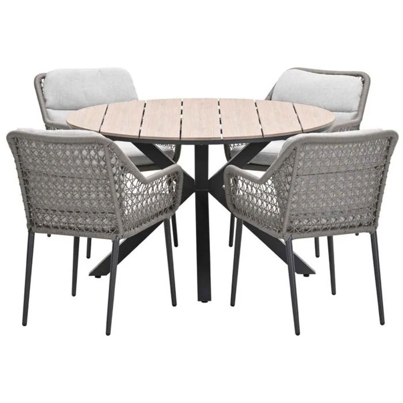 Toledo tuinset 5-delig carbon black rope taupe met Edison tuintafel rond 122 cm light teak vironwood