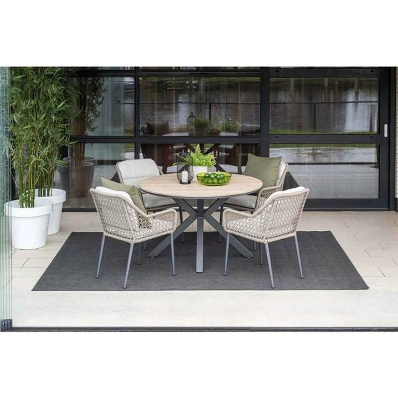 Toledo tuinset 5-delig carbon black rope taupe met Edison tuintafel rond 122 cm light teak vironwood