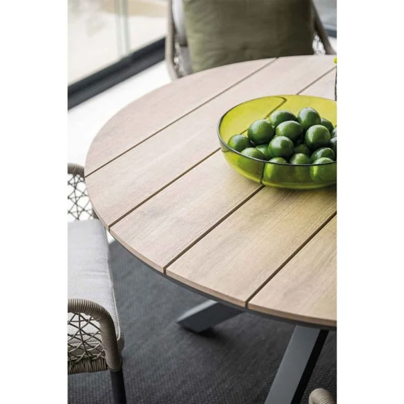 Toledo tuinset 5-delig carbon black rope taupe met Edison tuintafel rond 122 cm light teak vironwood