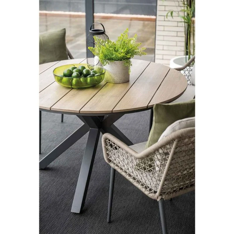 Toledo tuinset 5-delig carbon black rope taupe met Edison tuintafel rond 122 cm light teak vironwood