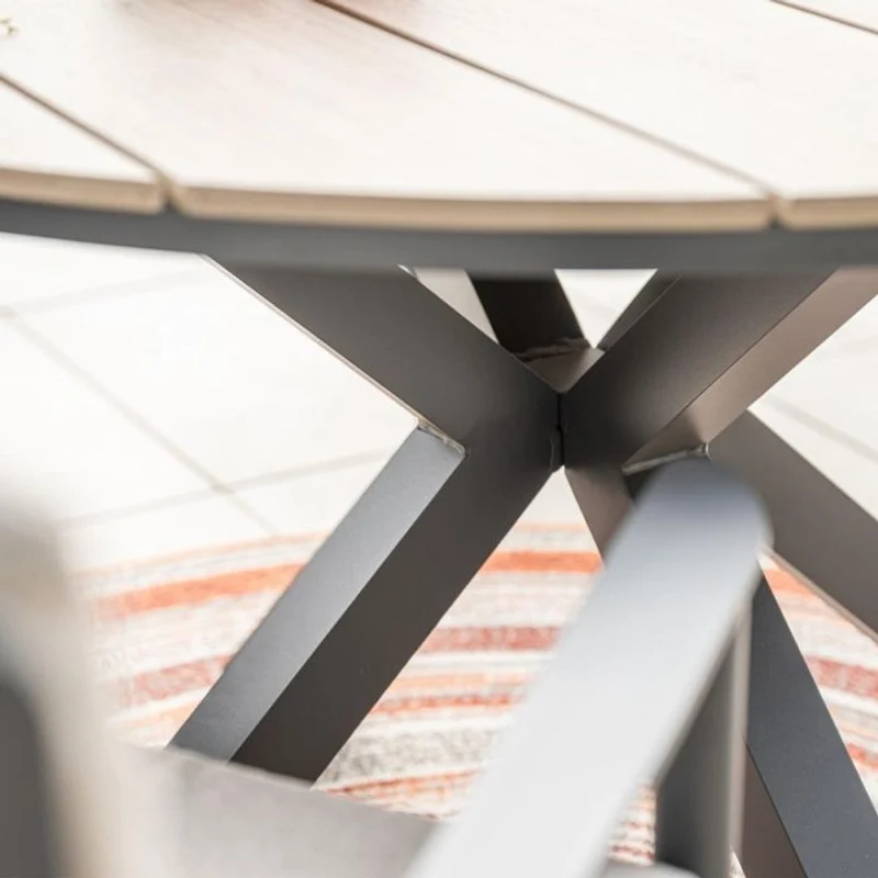 Toledo tuinset 6-delig carbon black rope taupe met Edison tuintafel rond 148 cm light teak vironwood