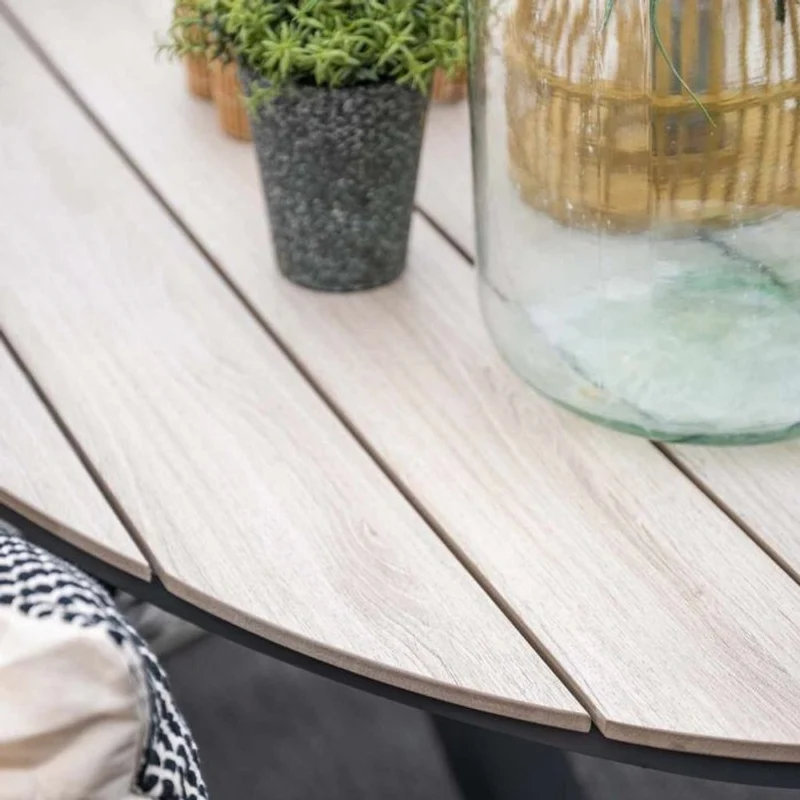 Venice tuinset 7-delig carbon black rope taupe met Edison tuintafel ovaal 220x115 cm light teak vironwood
