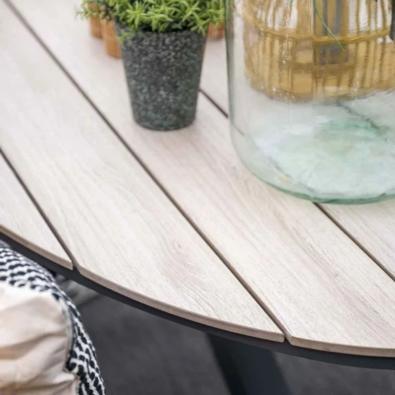 Venice tuinset 5-delig carbon black rope taupe met Edison tuintafel ovaal 180x115 cm light teak vironwood