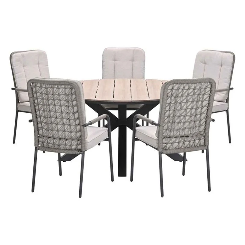Venice tuinset 6-delig carbon black rope taupe met Edison tuintafel rond 148 cm light teak vironwood