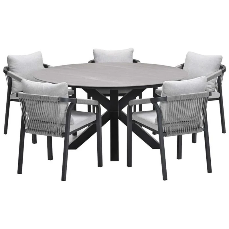 Monti tuinset 6-delig carbon black rope taupe met Lowland tuintafel rond 150 cm napoli sand
