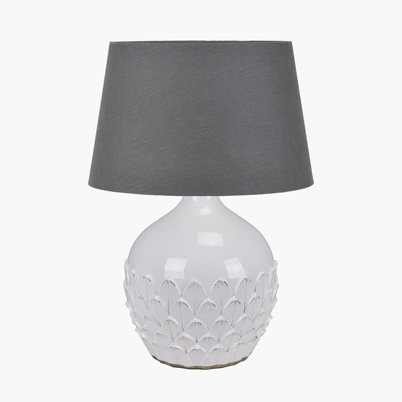 Willow White Leaf Detail Stoneware Table Lamp Base with Lys 40cm Steel Grey Self Lined Linen Tapered Lampshade