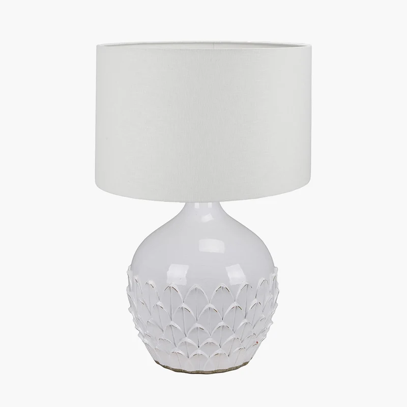 Willow White Leaf Detail Stoneware Table Lamp Base with Lino 40cm White Self Lined Linen Cylinder Lampshade