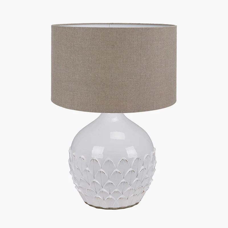 Willow White Leaf Detail Stoneware Table Lamp Base with Edward 40cm Natural Linen Cylinder Lampshade