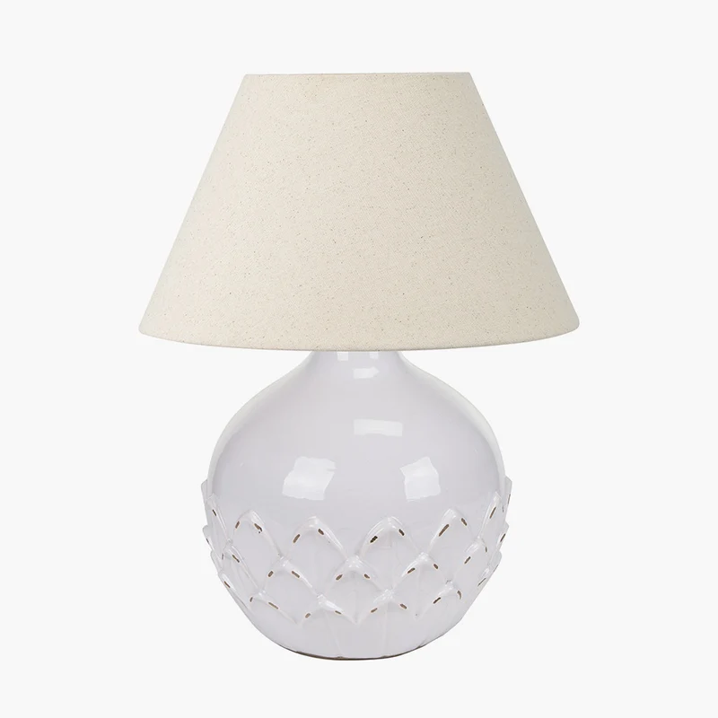 Willow White Leaf Detail Small Stoneware Table Lamp Base with Seychelles 30cm Cream Slubby Cotton Empire Lampshade