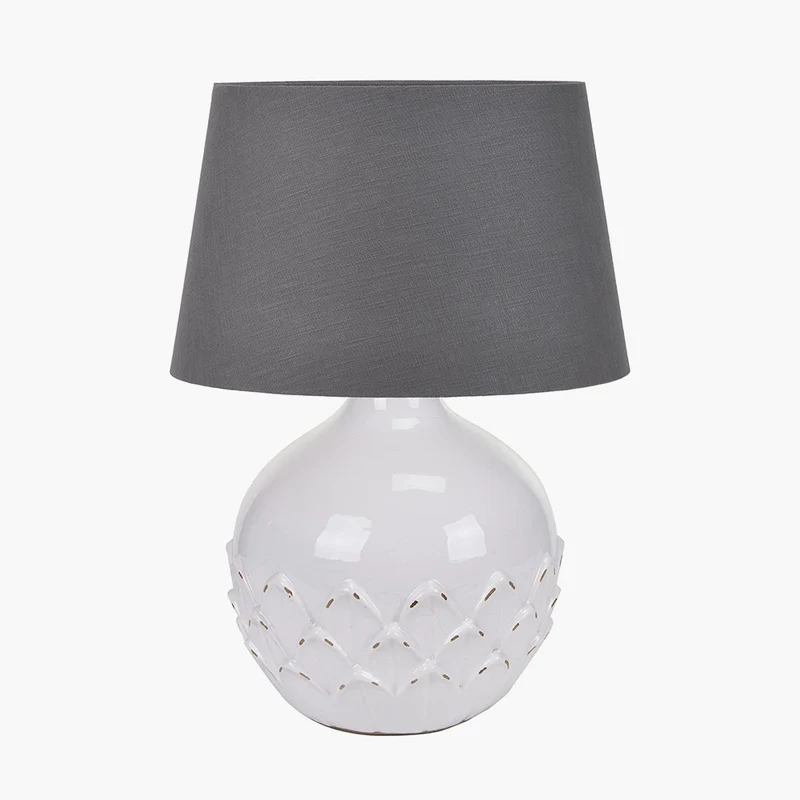 Willow White Leaf Detail Small Stoneware Table Lamp Base with Lys 25cm Steel Grey Self Lined Linen Tapered Lampshade