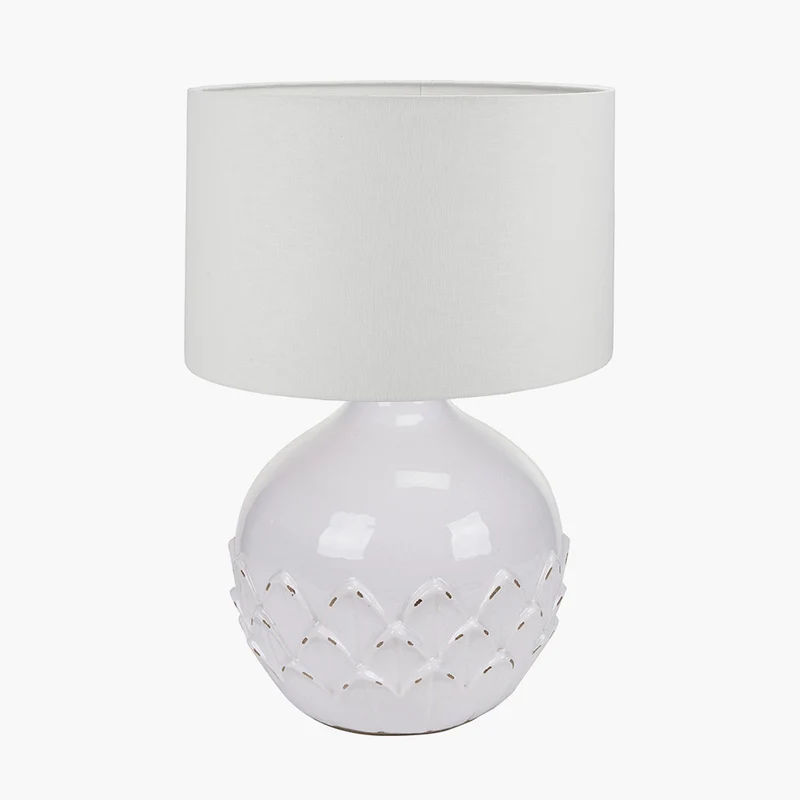 Willow White Leaf Detail Small Stoneware Table Lamp Base with Lino 25cm White Self Lined Linen Cylinder Lampshade