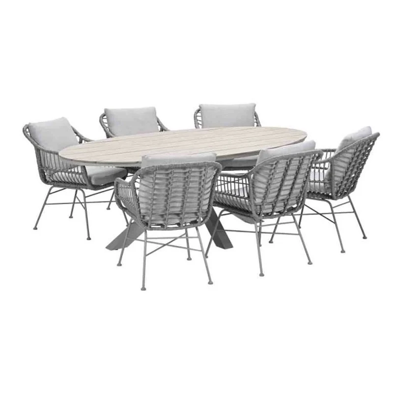 Margriet tuinset 7-delig zwart met Edison tuintafel ovaal 220x115 cm light teak vironwood