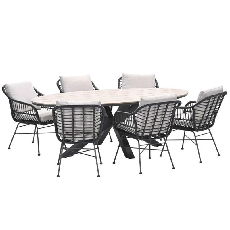 Margriet tuinset 7-delig zwart met Edison tuintafel ovaal 220x115 cm light teak vironwood