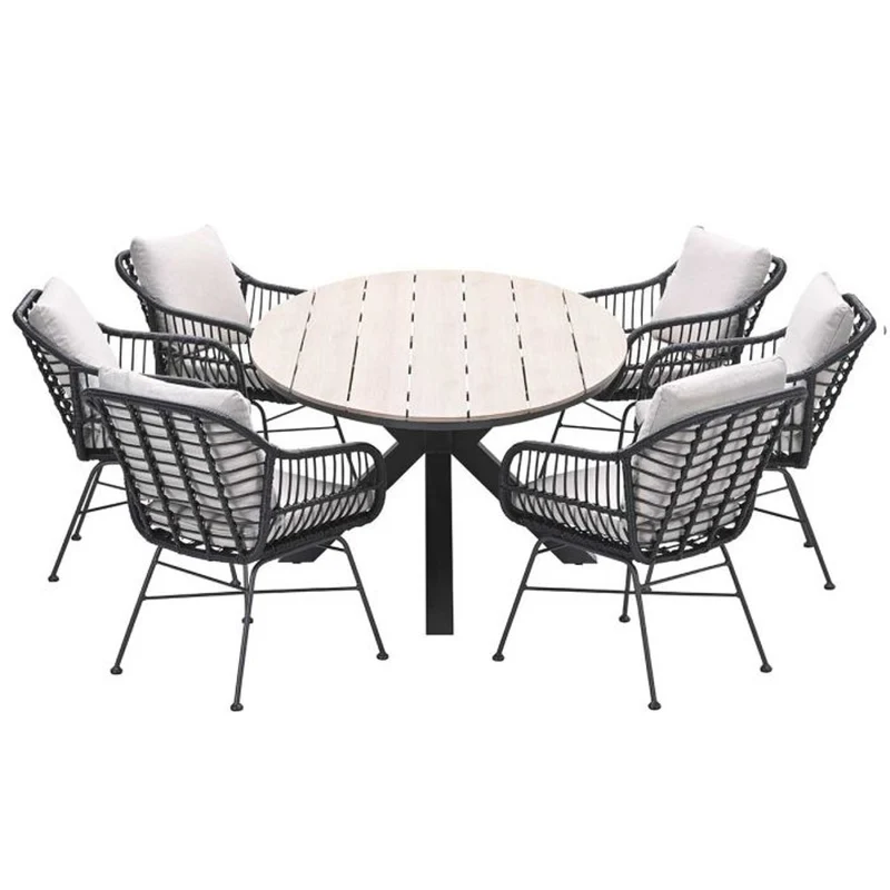 Margriet tuinset 7-delig zwart met Edison tuintafel ovaal 220x115 cm light teak vironwood