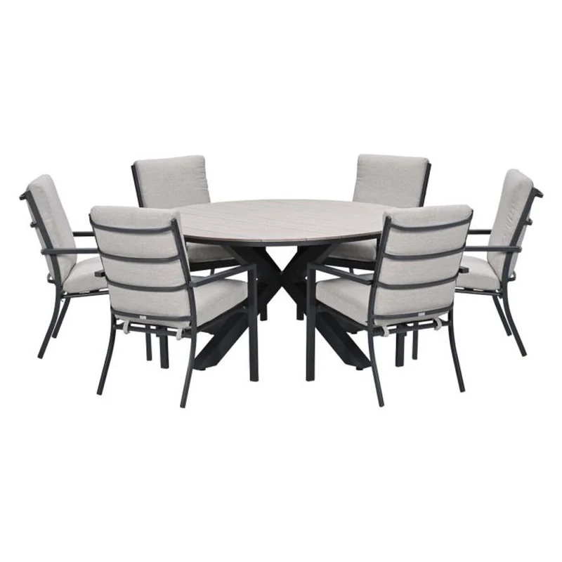 Sergio tuinset 7-delig sandstone met Edison tuintafel rond 148 cm light teak vironwood