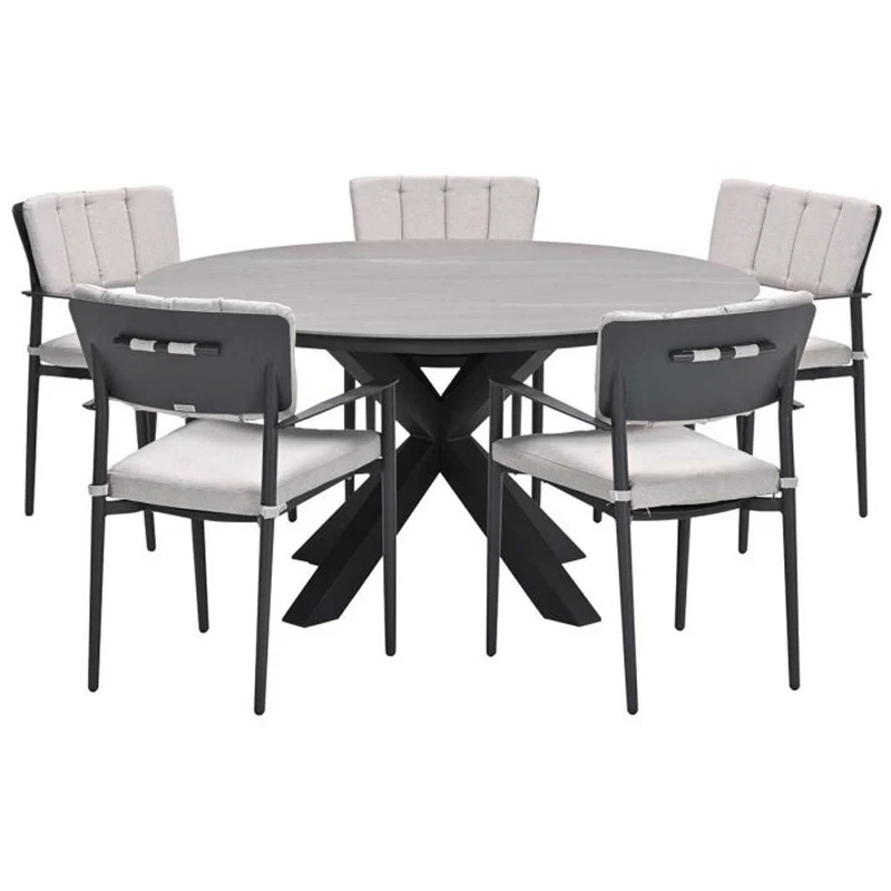 Toulon tuinset 6-delig carbon black met Lowland tuintafel rond 150 cm napoli sand
