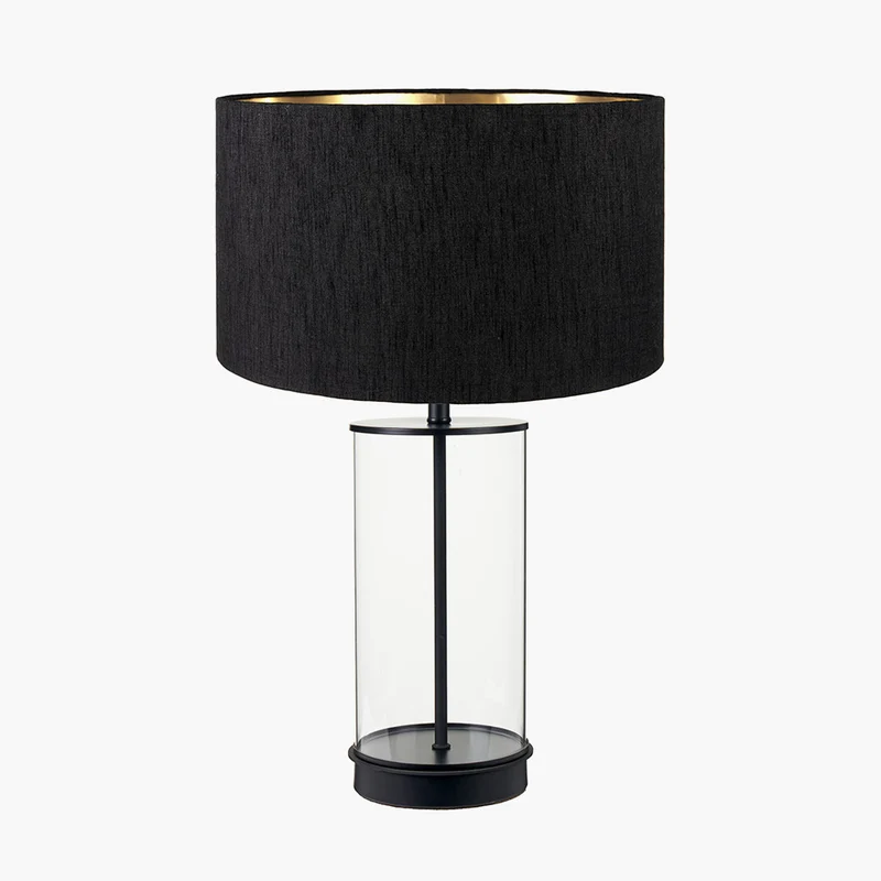 Westwood Clear Glass and Black Metal Table Lamp Base with Stellan 30cm Black Slubbed Silk Mix Gold Lined Cylinder Lampshade