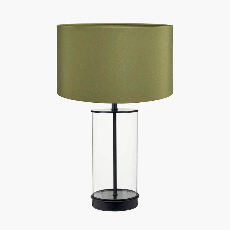 Westwood Clear Glass and Black Metal Table Lamp Base with Harry 35cm Sage Cotton Mix Cylinder Lampshade
