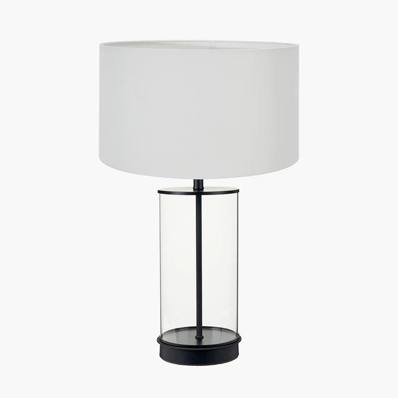 Westwood Clear Glass and Black Metal Table Lamp Base with Harry 35cm Ivory Cotton Mix Cylinder Lampshade
