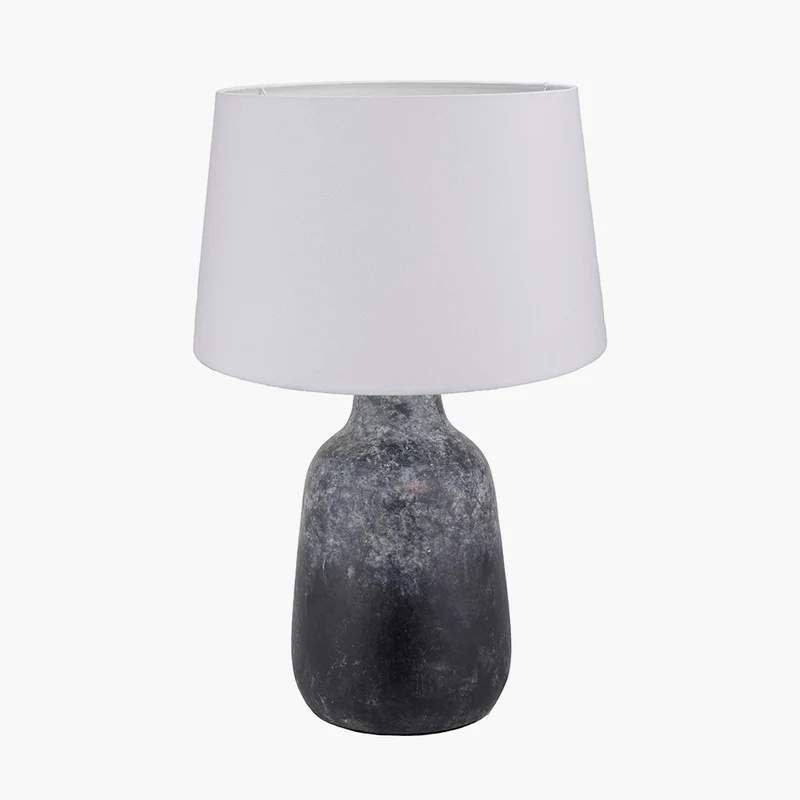 Vulcan Textured Volcanic Effect Grey Stoneware Table Lamp Base with Winston 40cm White Handloom Tapered Lampshade