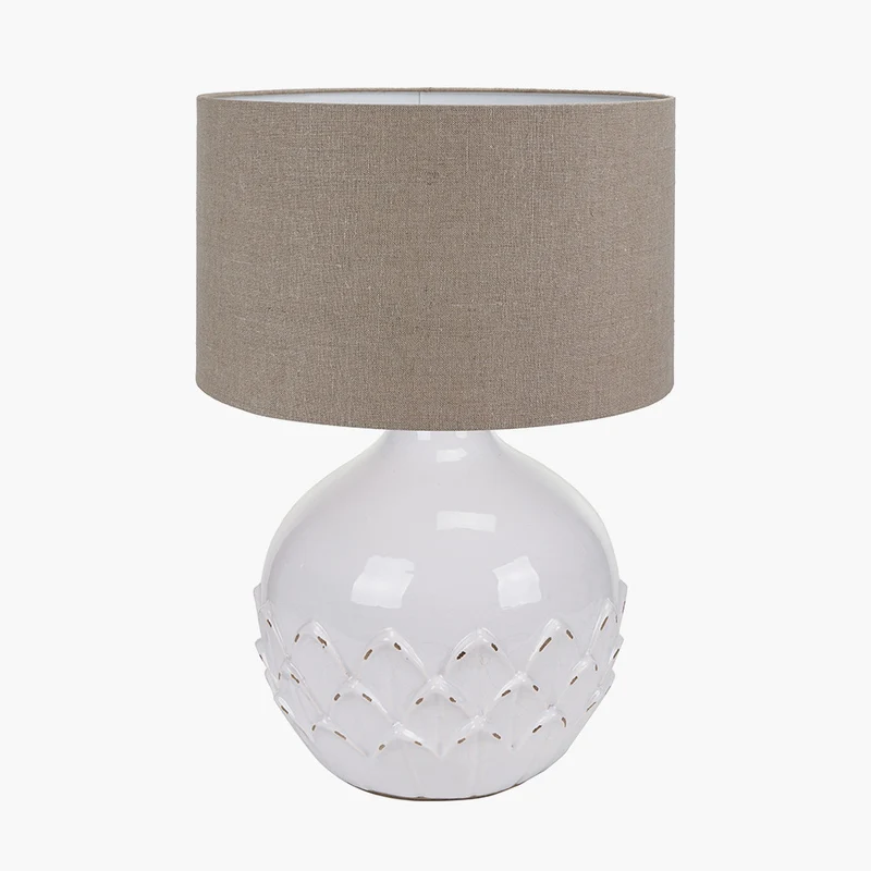 Willow White Leaf Detail Small Stoneware Table Lamp Base with Edward 30cm Natural Linen Cylinder Lampshade
