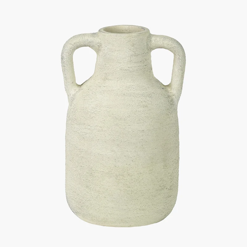 White Textured Terracotta Decorative Vase with Handles Medium