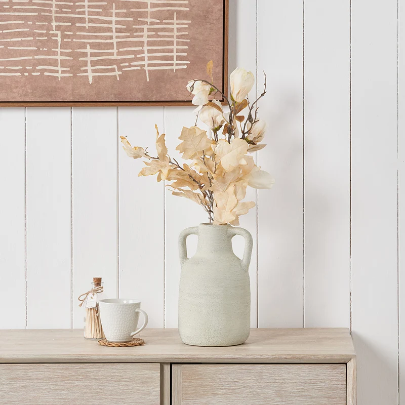 White Textured Terracotta Decorative Vase with Handles Medium