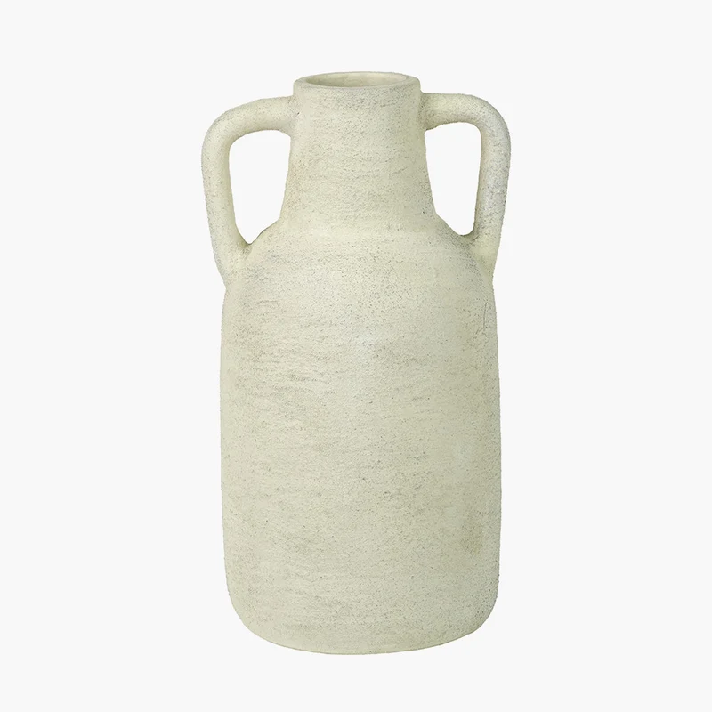 White Textured Terracotta Decorative Vase with Handles Large