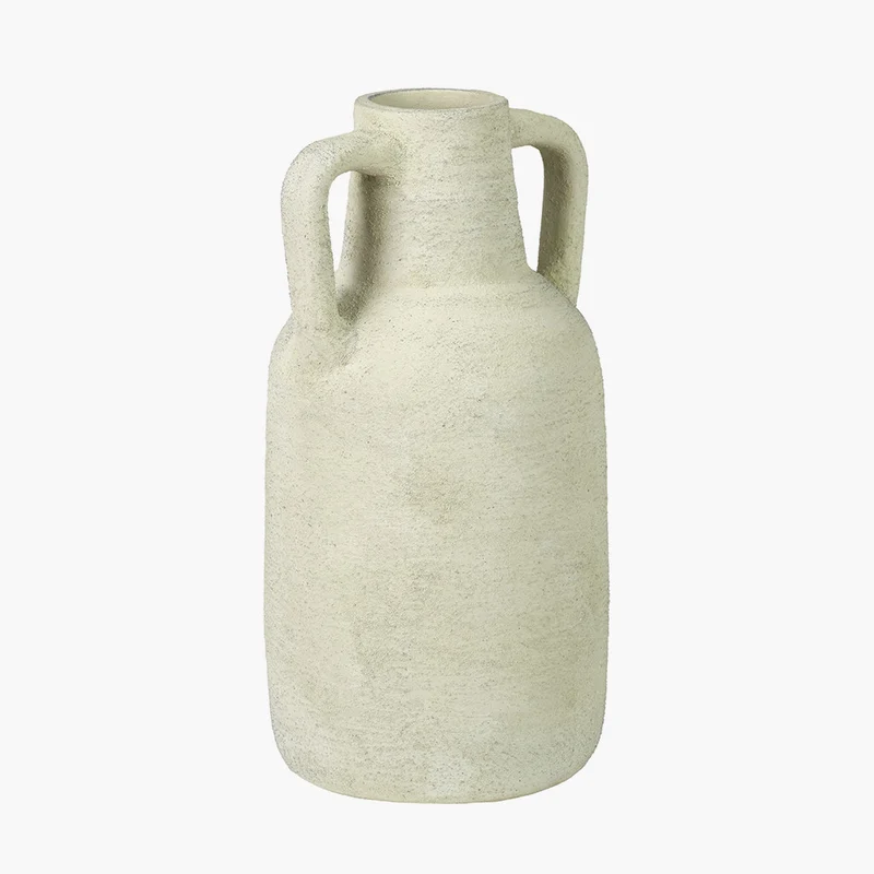 White Textured Terracotta Decorative Vase with Handles Large