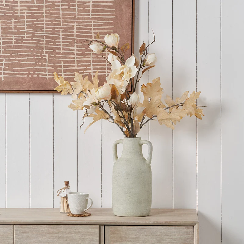 White Textured Terracotta Decorative Vase with Handles Large