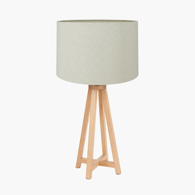 Whitby Natural Wood Tapered 4 Post Table Lamp Base with Lino 35cm Cream Self Lined Linen Cylinder Lampshade