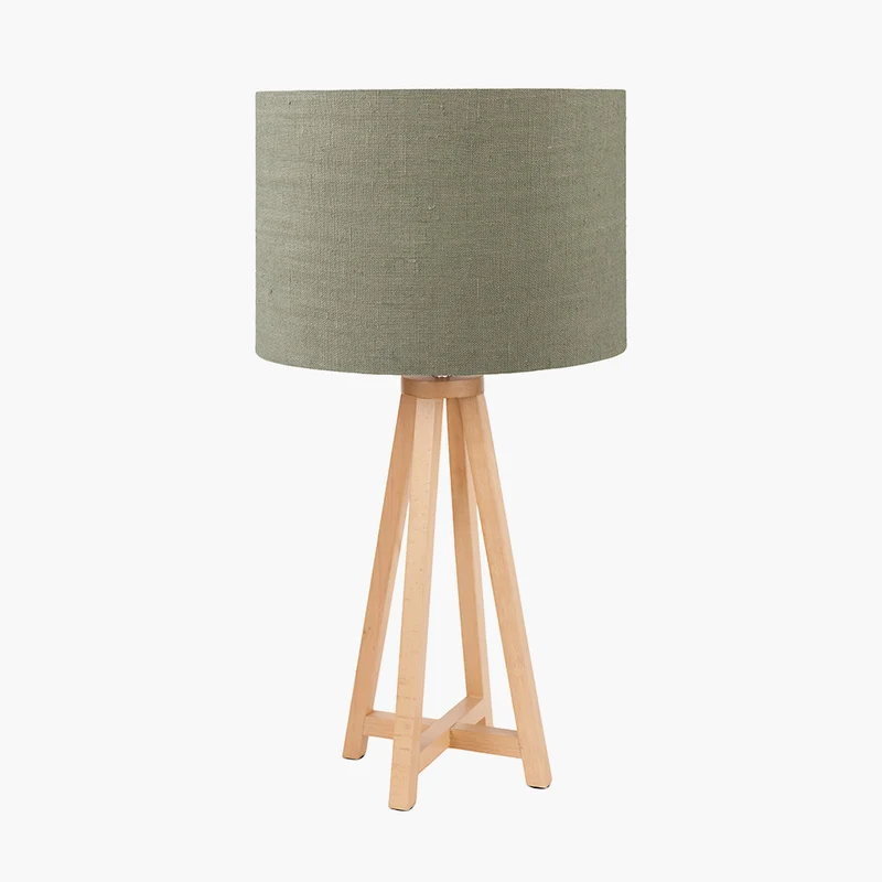 Whitby Natural Wood Tapered 4 Post Table Lamp Base with Edward 35cm Pistachio Green Linen Cylinder Lampshade