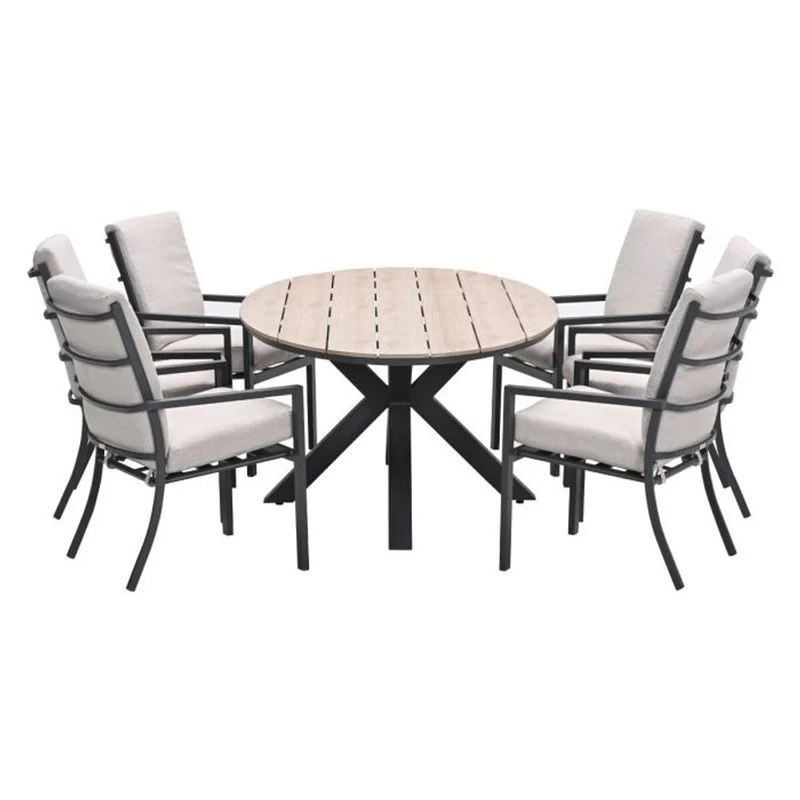 Sergio tuinset 7-delig sandstone met Edison tuintafel ovaal 220x115 cm light teak vironwood