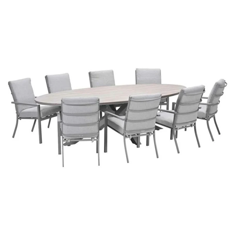 Sergio tuinset 9-delig valley sand met Edison tuintafel ovaal 280x140 cm light teak vironwood