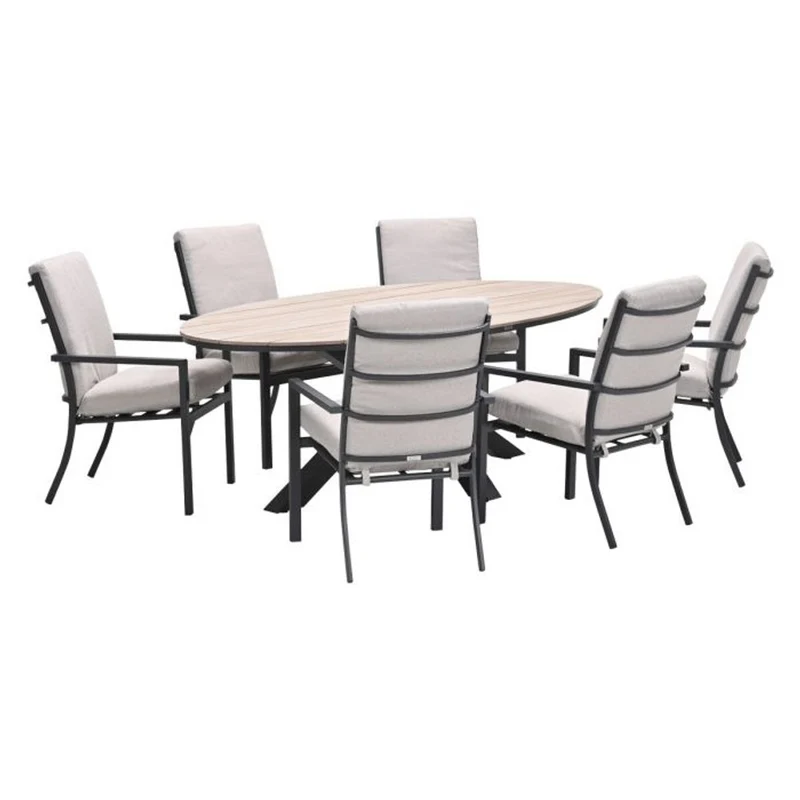 Sergio tuinset 7-delig desert sand met Edison tuintafel ovaal 220x115 cm light teak vironwood