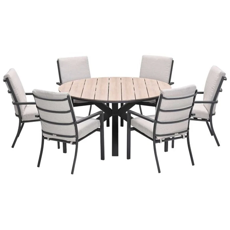 Sergio tuinset 7-delig desert sand met Edison tuintafel rond 148 cm light teak vironwood
