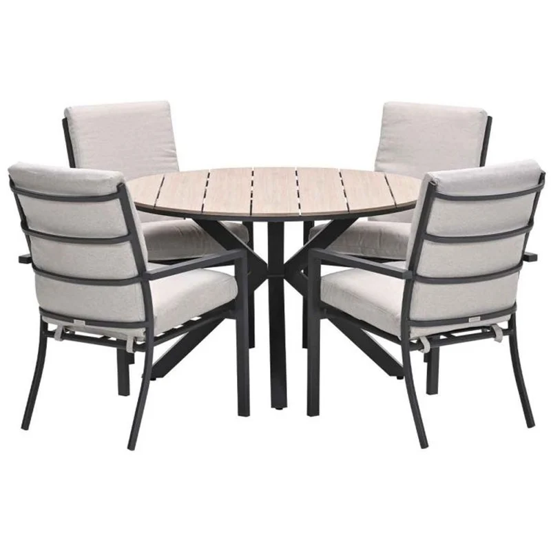 Sergio tuinset 5-delig sandstone met Edison tuintafel rond 122 cm light teak vironwood