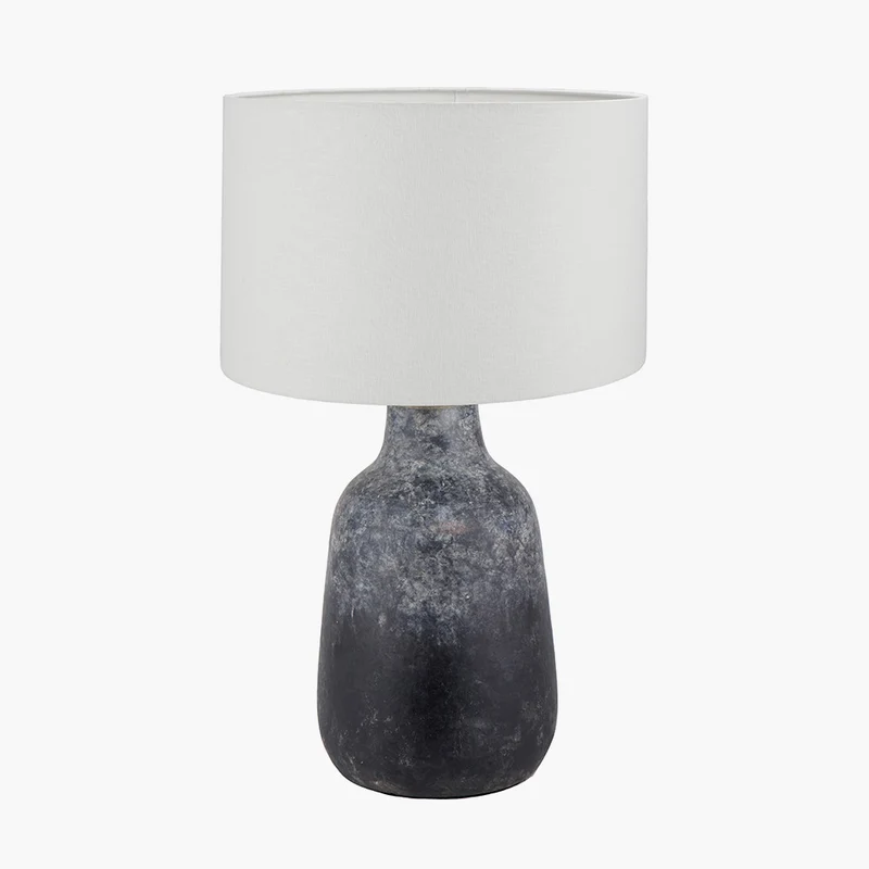 Vulcan Textured Volcanic Effect Grey Stoneware Table Lamp Base with Lino 35cm White Self Lined Linen Cylinder Lampshade