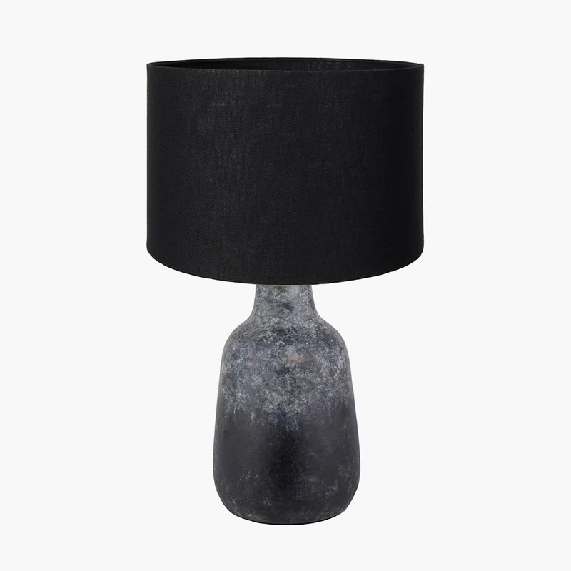 Vulcan Textured Volcanic Effect Grey Stoneware Table Lamp Base with Lino 35cm Black Self Lined Linen Cylinder Lampshade