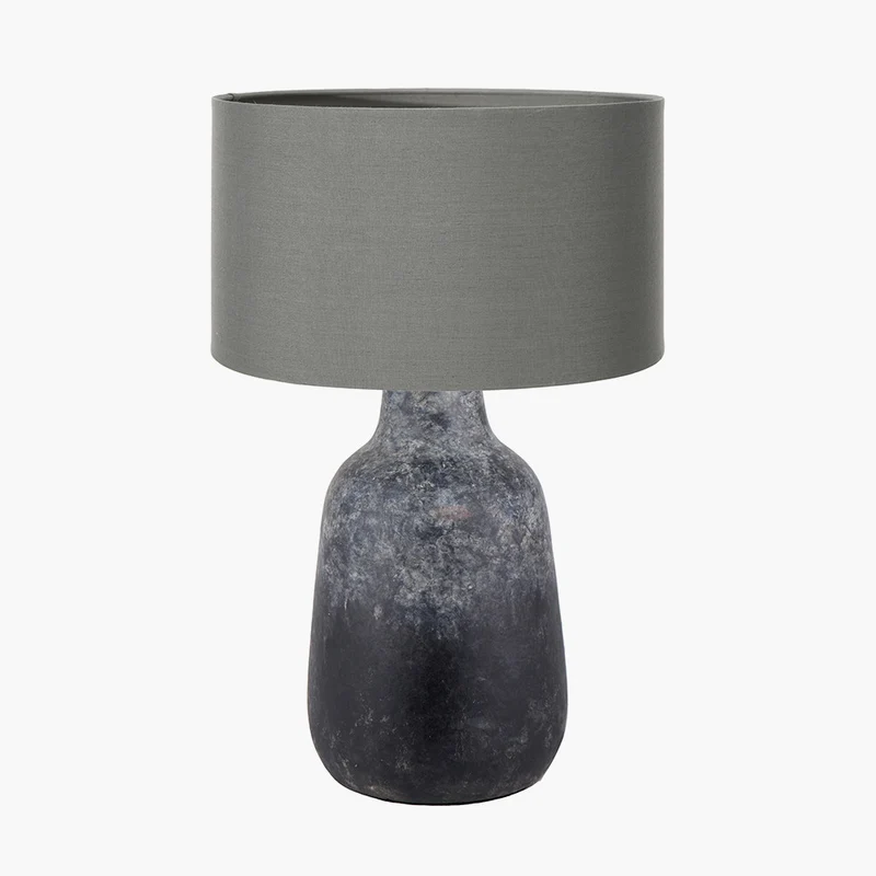 Vulcan Textured Volcanic Effect Grey Stoneware Table Lamp Base with Harry 35cm Steel Grey Cotton Mix Cylinder Lampshade