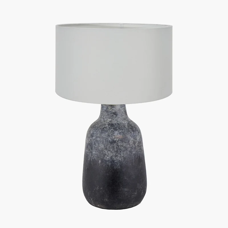 Vulcan Textured Volcanic Effect Grey Stoneware Table Lamp Base with Harry 35cm Ivory Cotton Mix Cylinder Lampshade