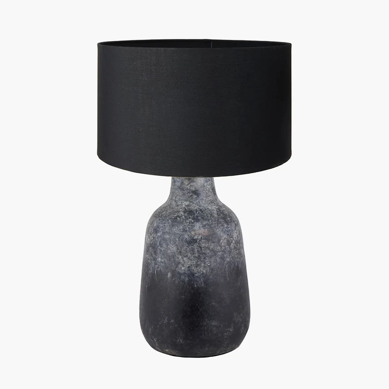 Vulcan Textured Volcanic Effect Grey Stoneware Table Lamp Base with Harry 35cm Black Cotton Mix Cylinder Lampshade